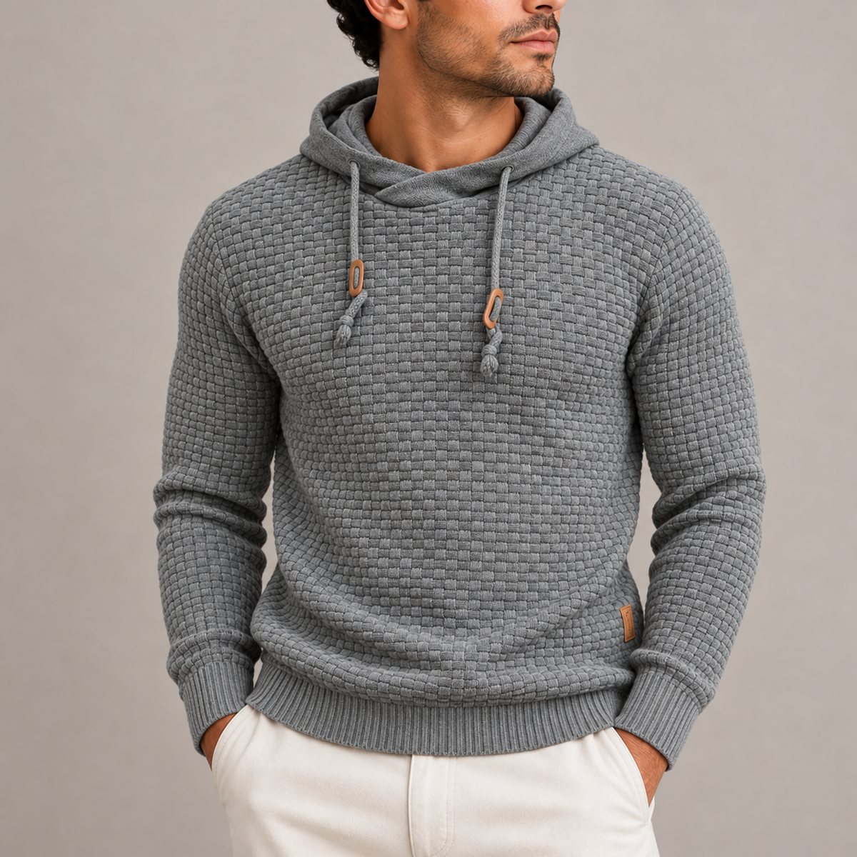 Men’s Textured Knit Pullover Hoodie with Drawstring and Ribbed Cuffs