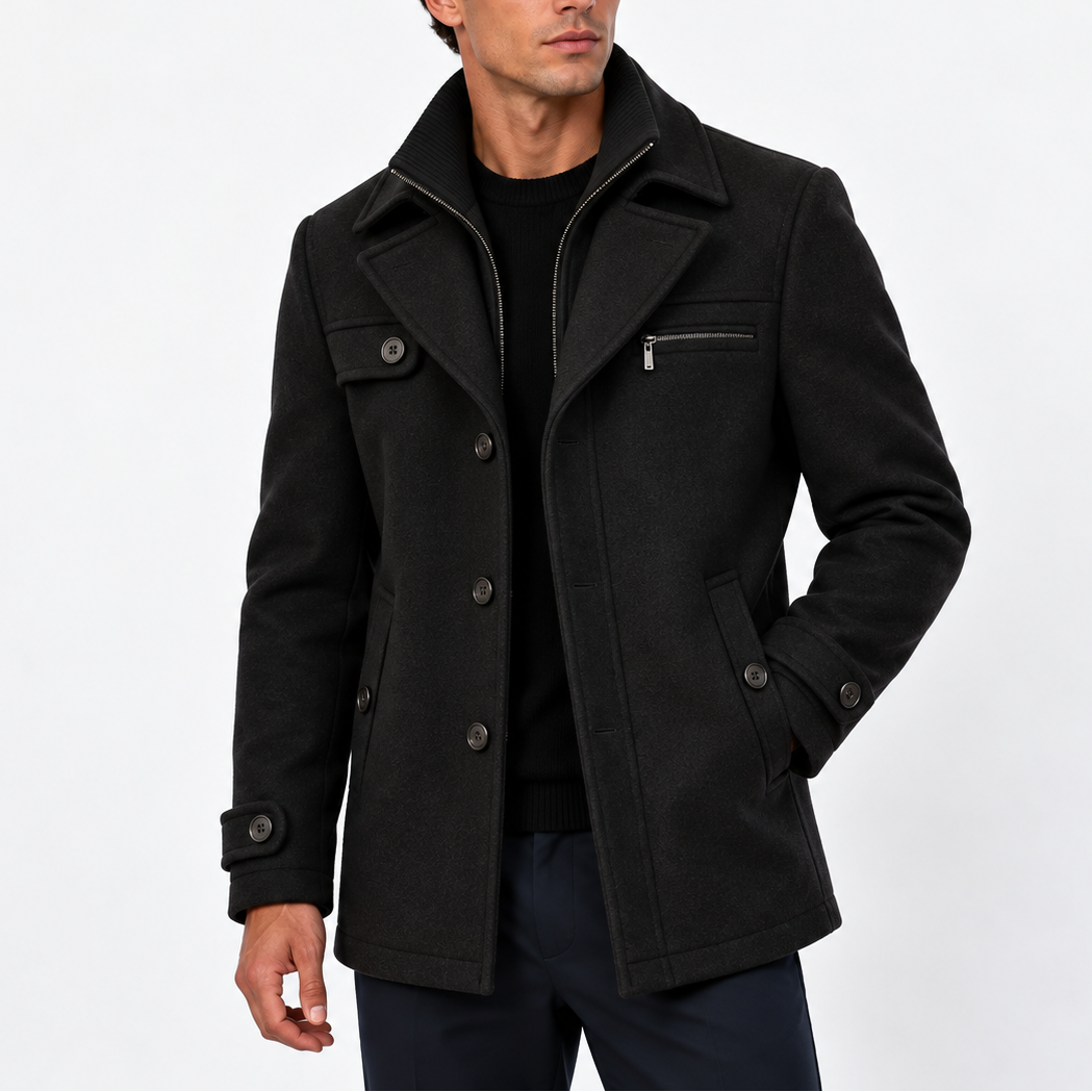 Men’s Wool Blend Coat with Zip Collar and Button Closure