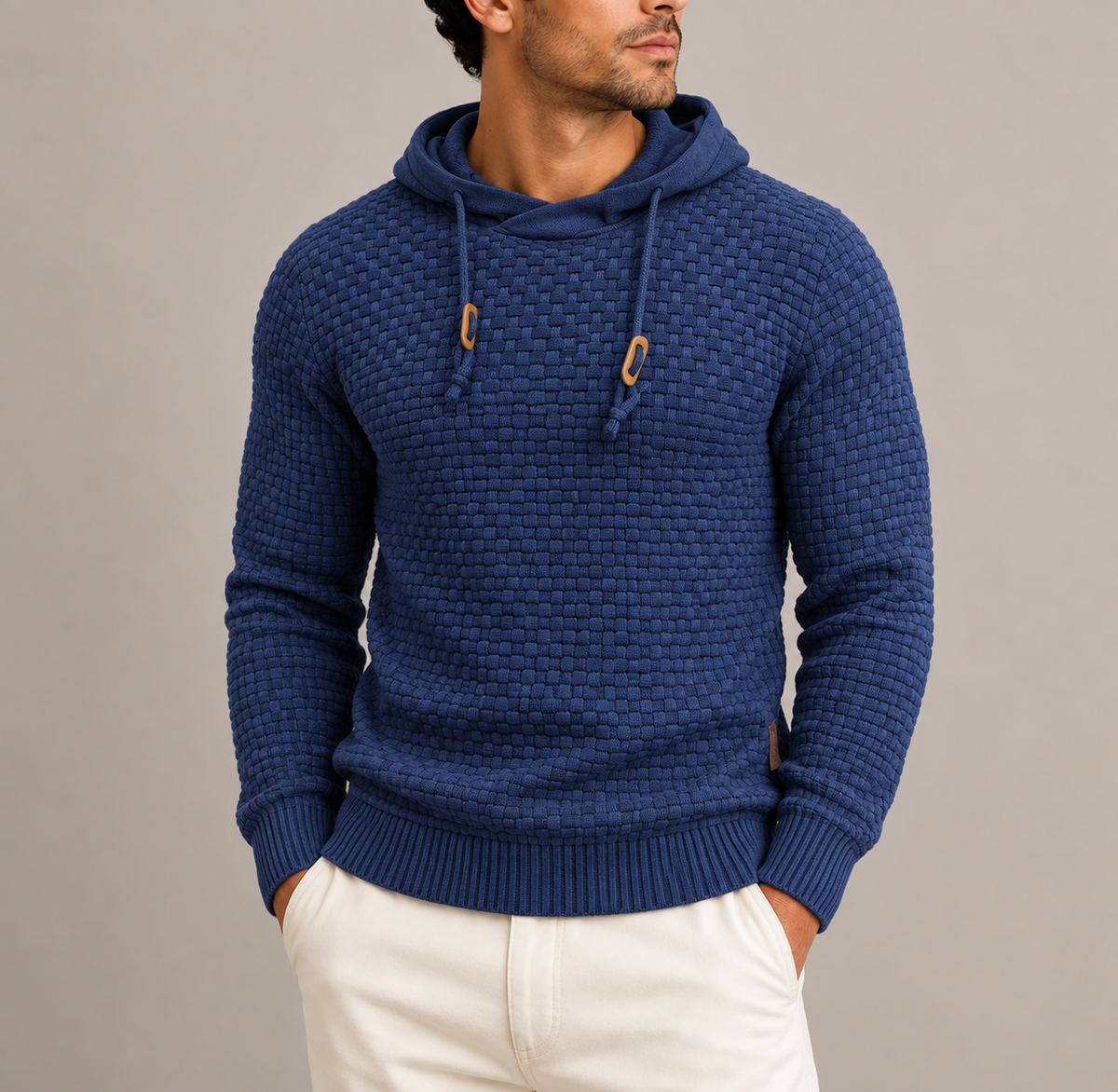 Men’s Textured Knit Pullover Hoodie with Drawstring and Ribbed Cuffs