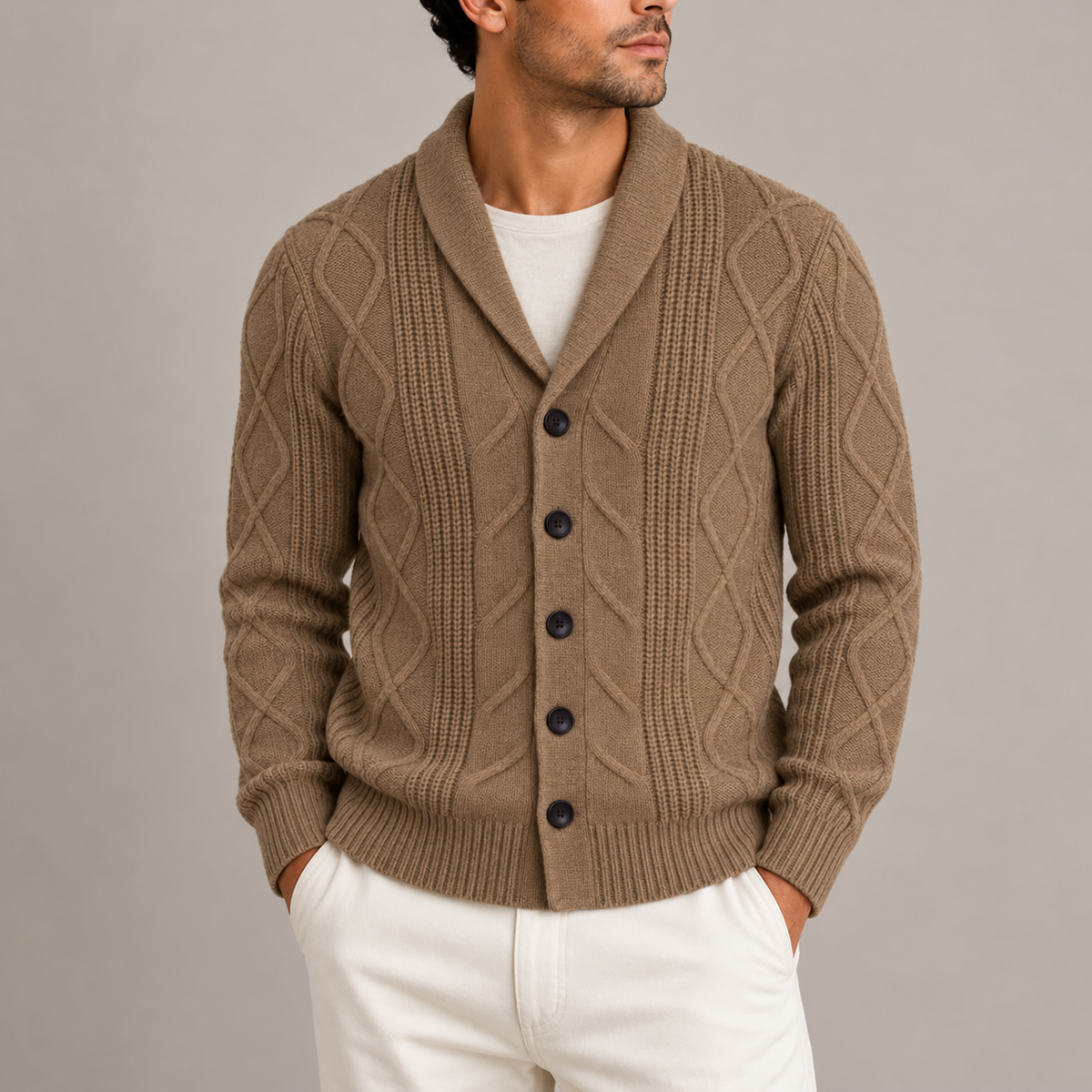 Men’s Cable Knit Cardigan with Shawl Collar and Button Front