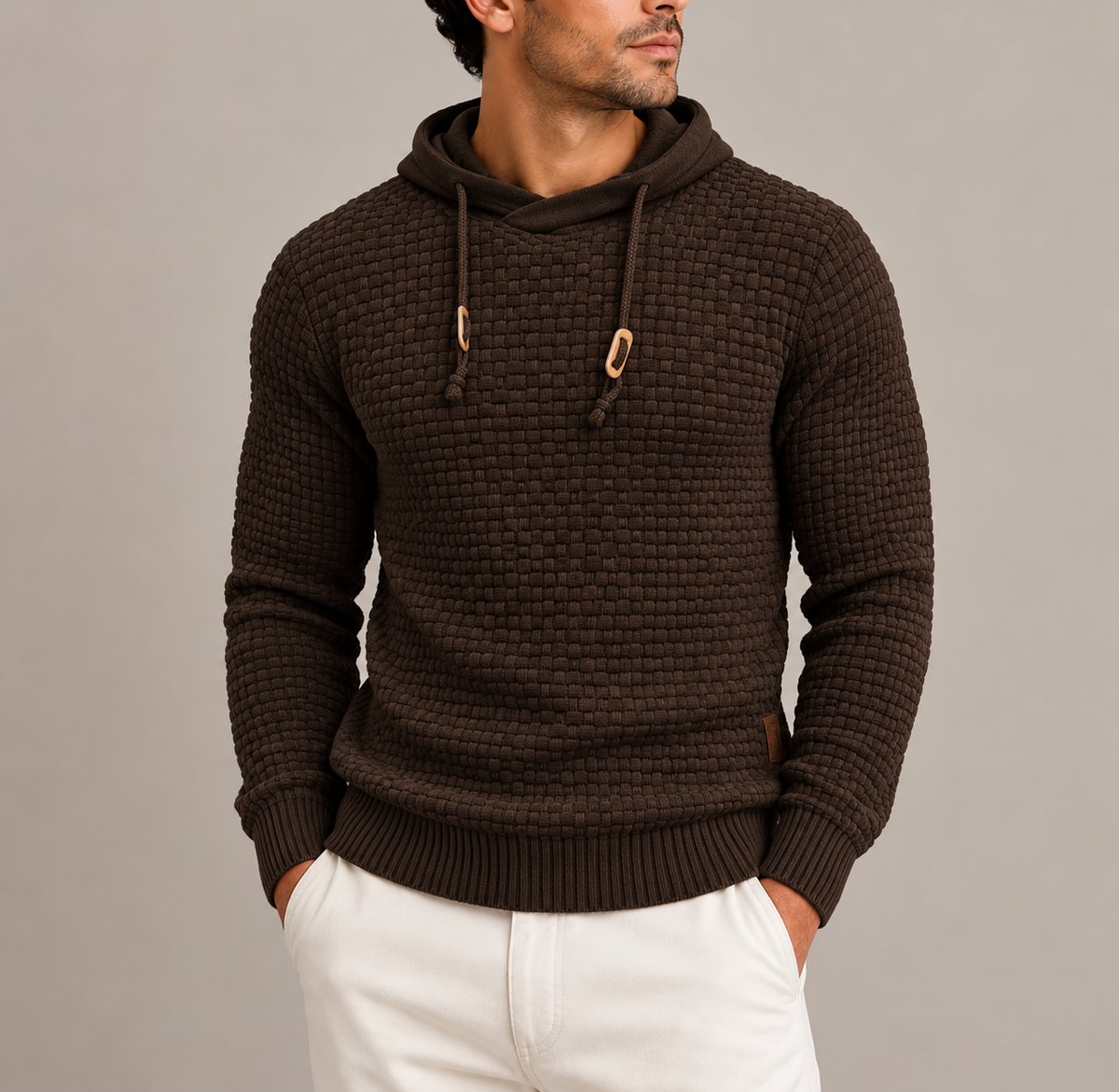 Men’s Textured Knit Pullover Hoodie with Drawstring and Ribbed Cuffs