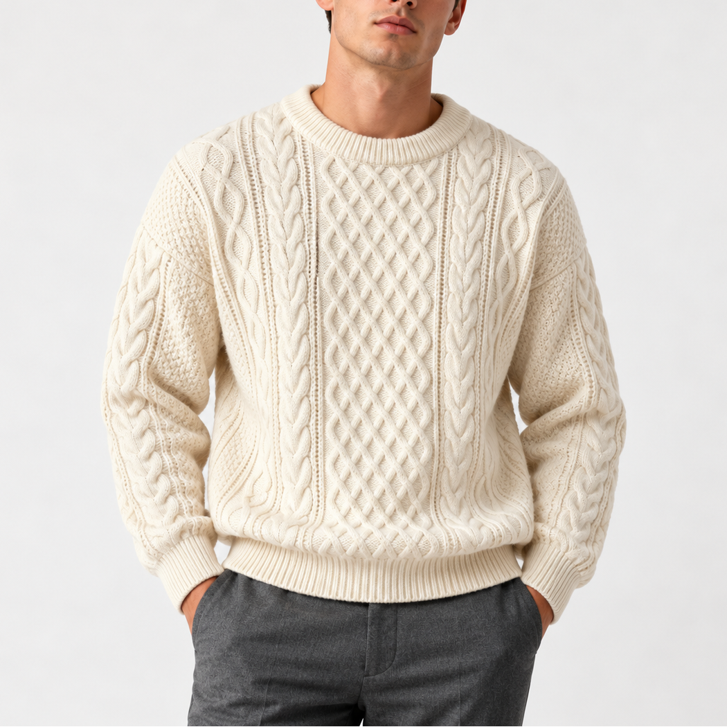 Men’s Grey Cable Knit Crew Neck Sweater – Warm Winter Jumper