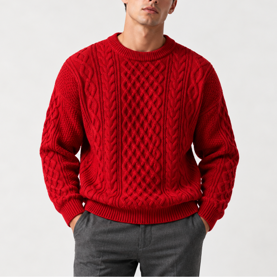 Men’s Grey Cable Knit Crew Neck Sweater – Warm Winter Jumper