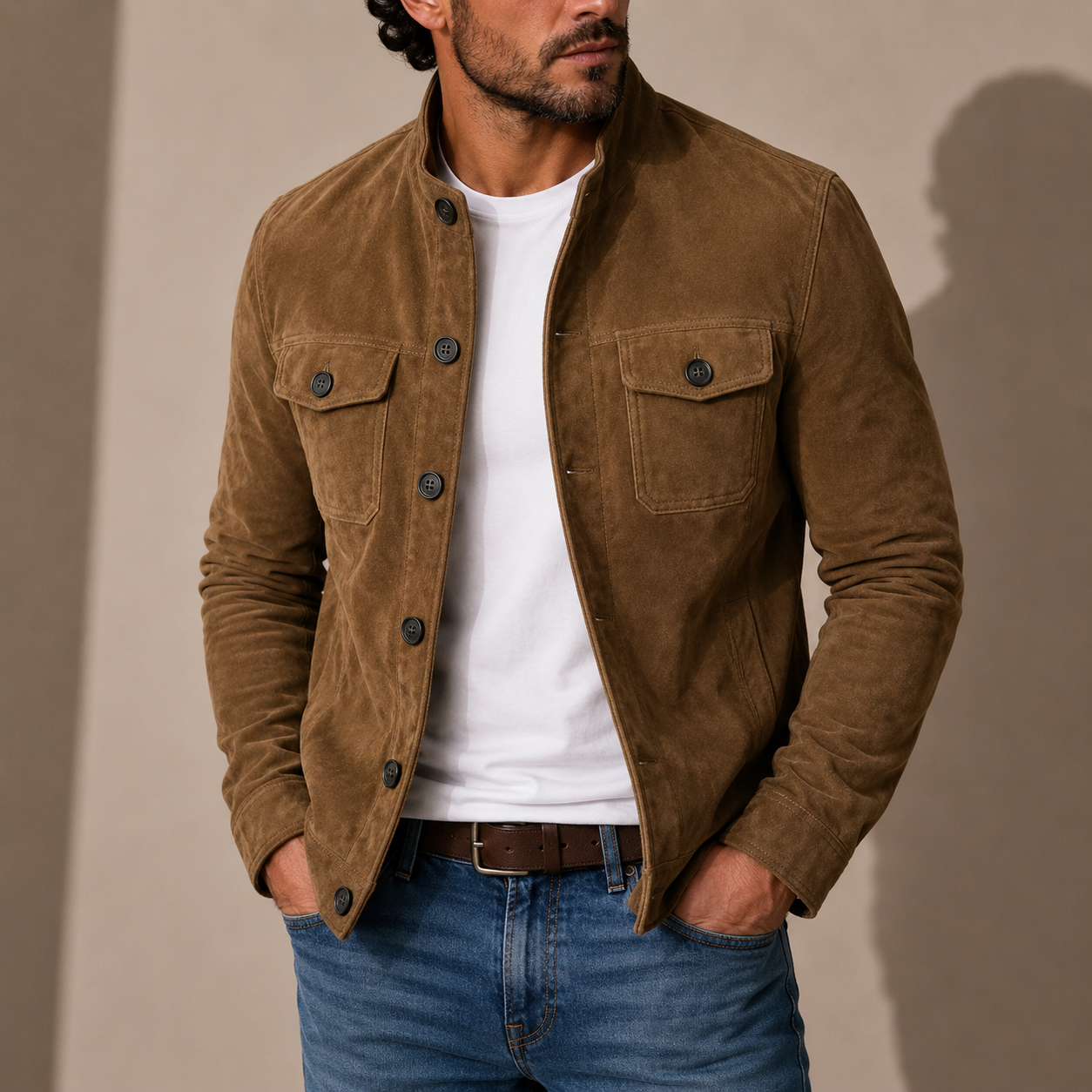 Men’s Suede Jacket – Stand Collar Button-Up Casual Style