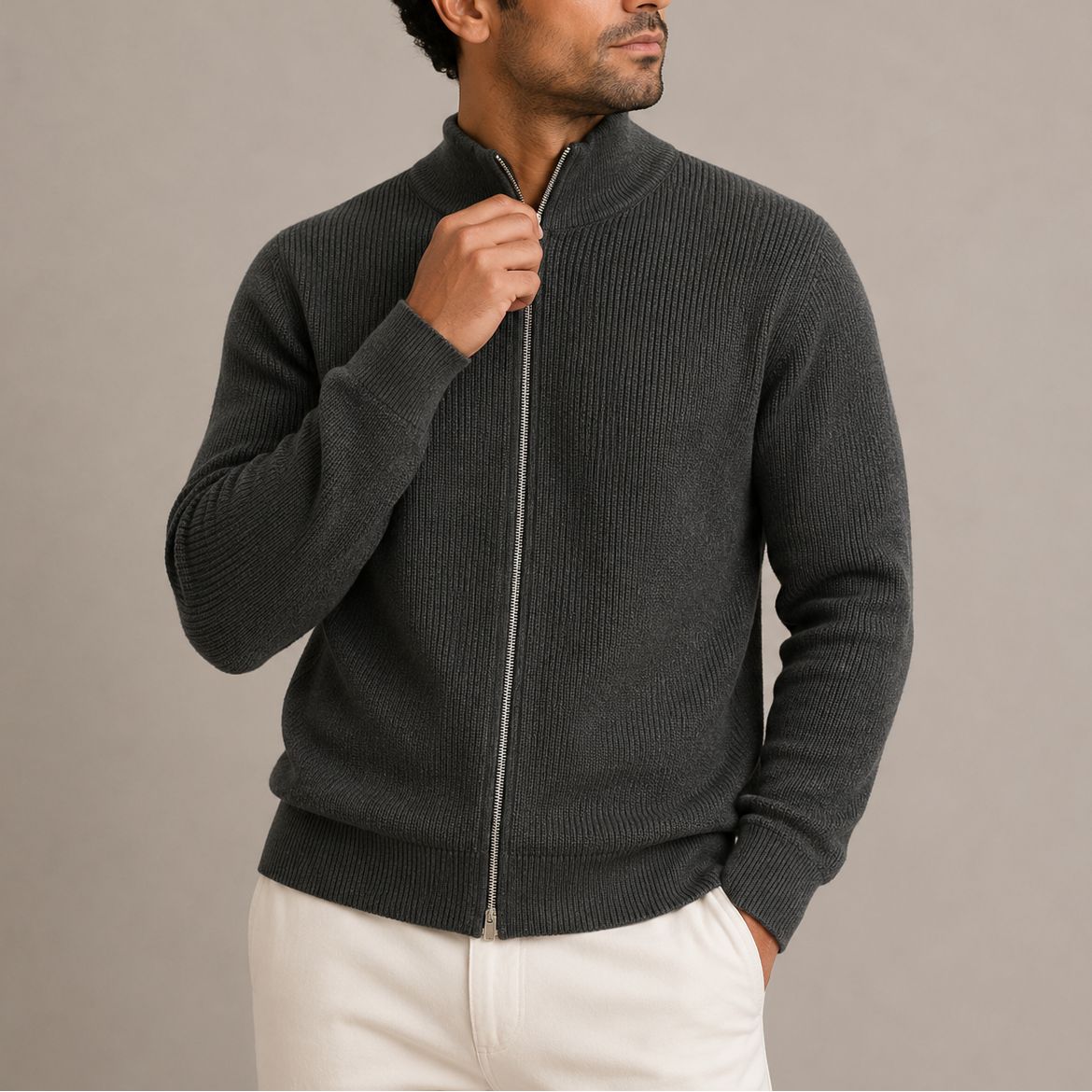 Men’s Ribbed Zip Cardigan – Full Zip Knitted Sweater with Stand Collar