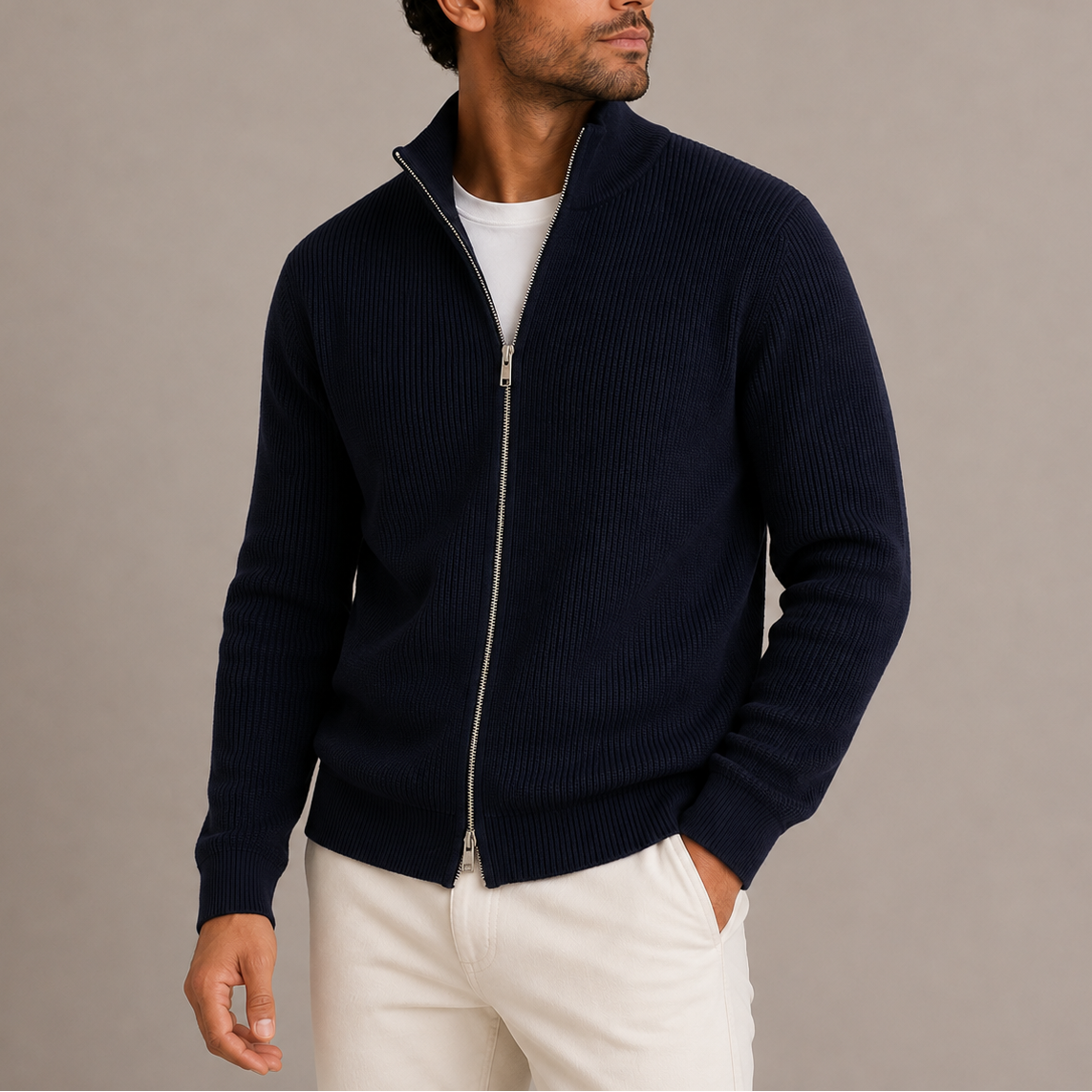 Men’s Ribbed Zip Cardigan – Full Zip Knitted Sweater with Stand Collar