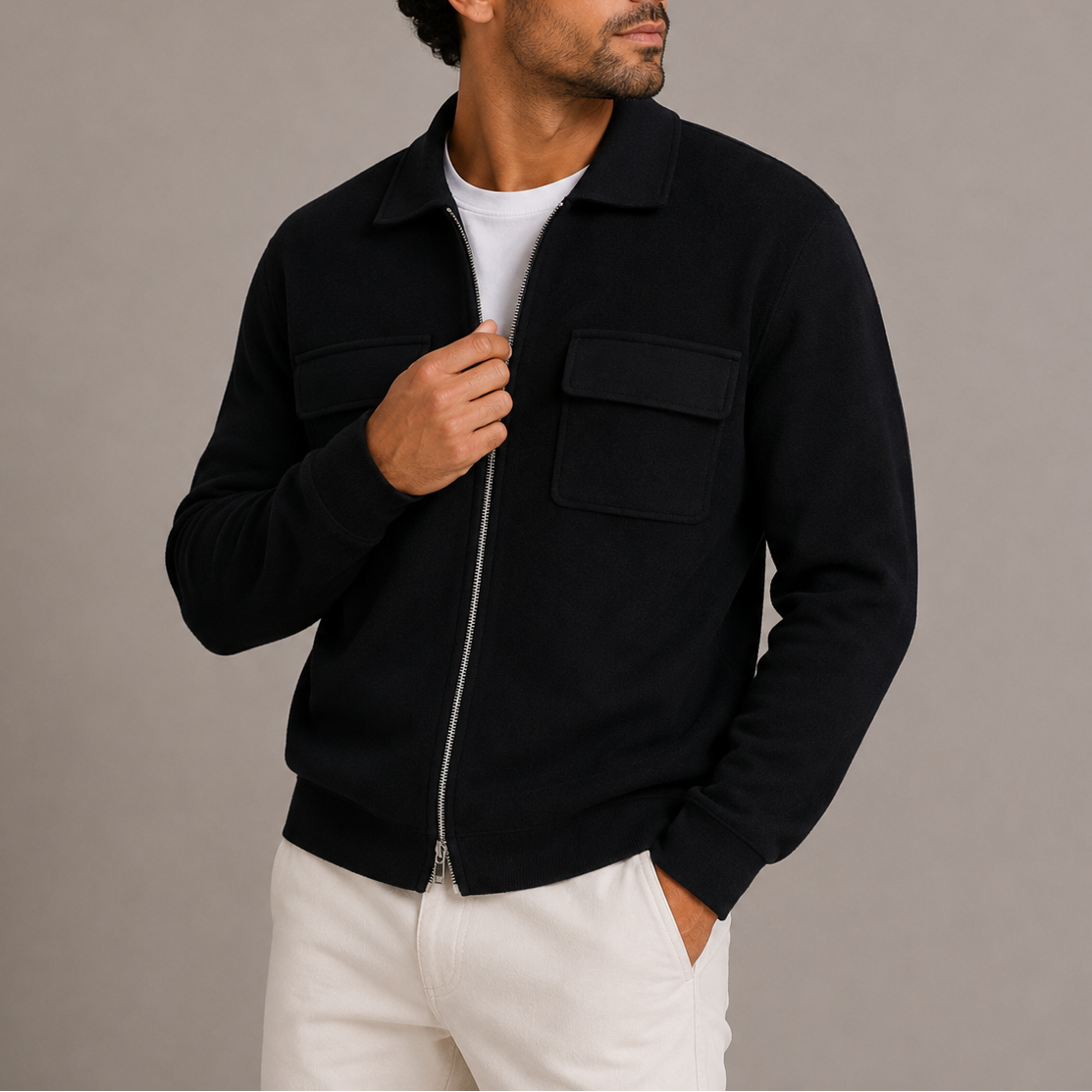 Men’s Zip-Up Knit Jacket – Collared Cardigan with Chest Pockets