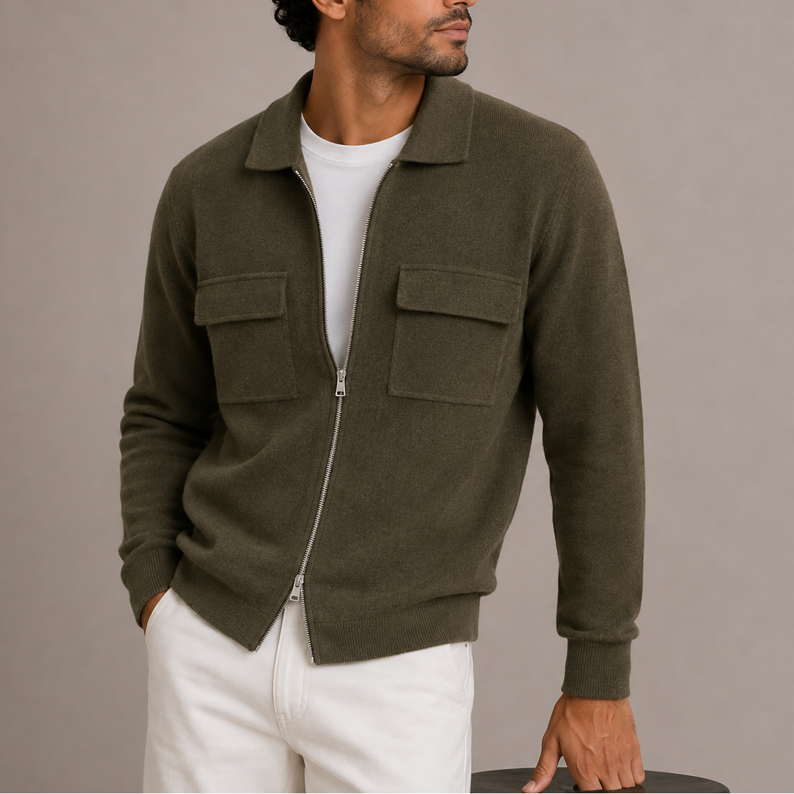 Men’s Zip-Up Knit Jacket – Collared Cardigan with Chest Pockets