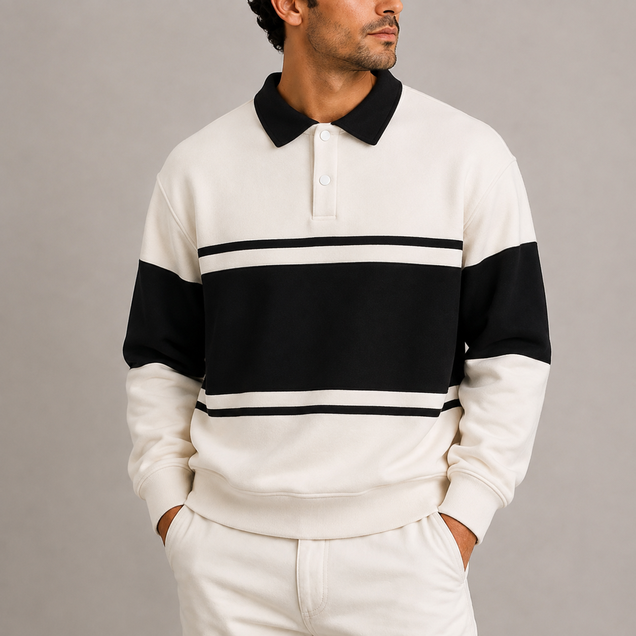 Men’s Retro Colour Block Polo Sweatshirt – Long Sleeve