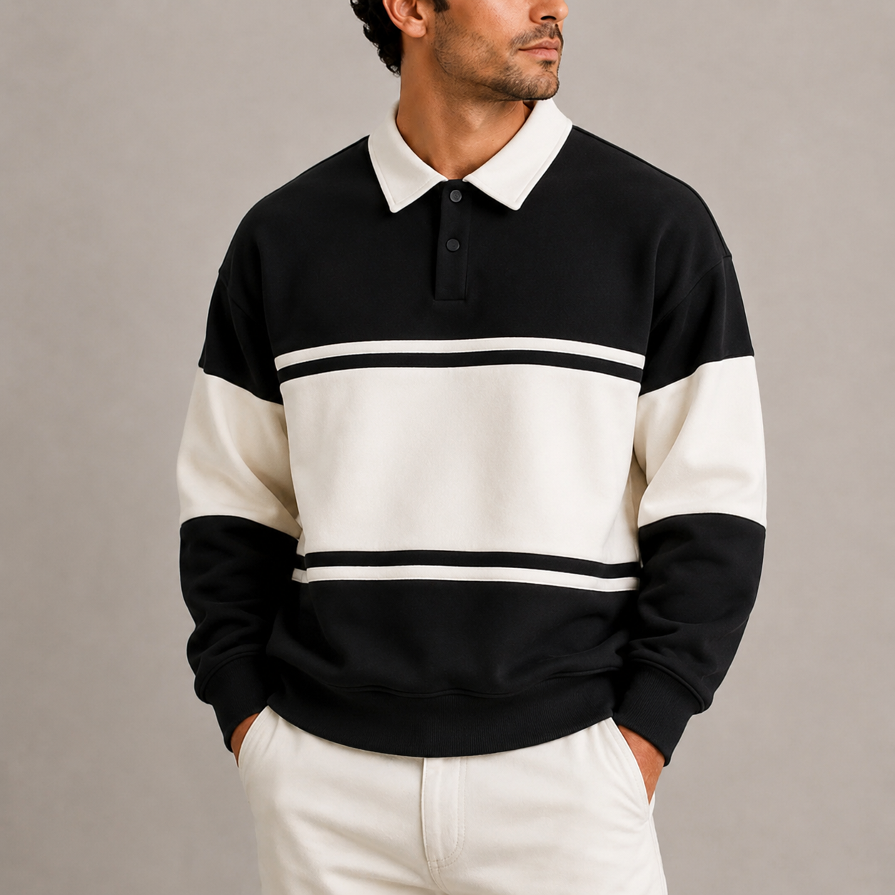 Men’s Retro Colour Block Polo Sweatshirt – Long Sleeve