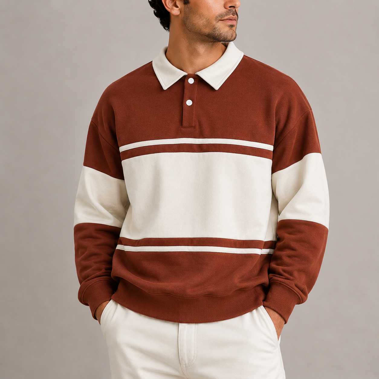 Men’s Retro Colour Block Polo Sweatshirt – Long Sleeve