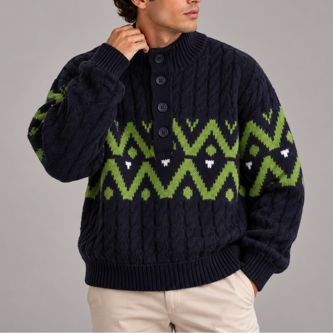 Men’s Cable Knit Half Button Sweater | Nordic Pattern Jumper
