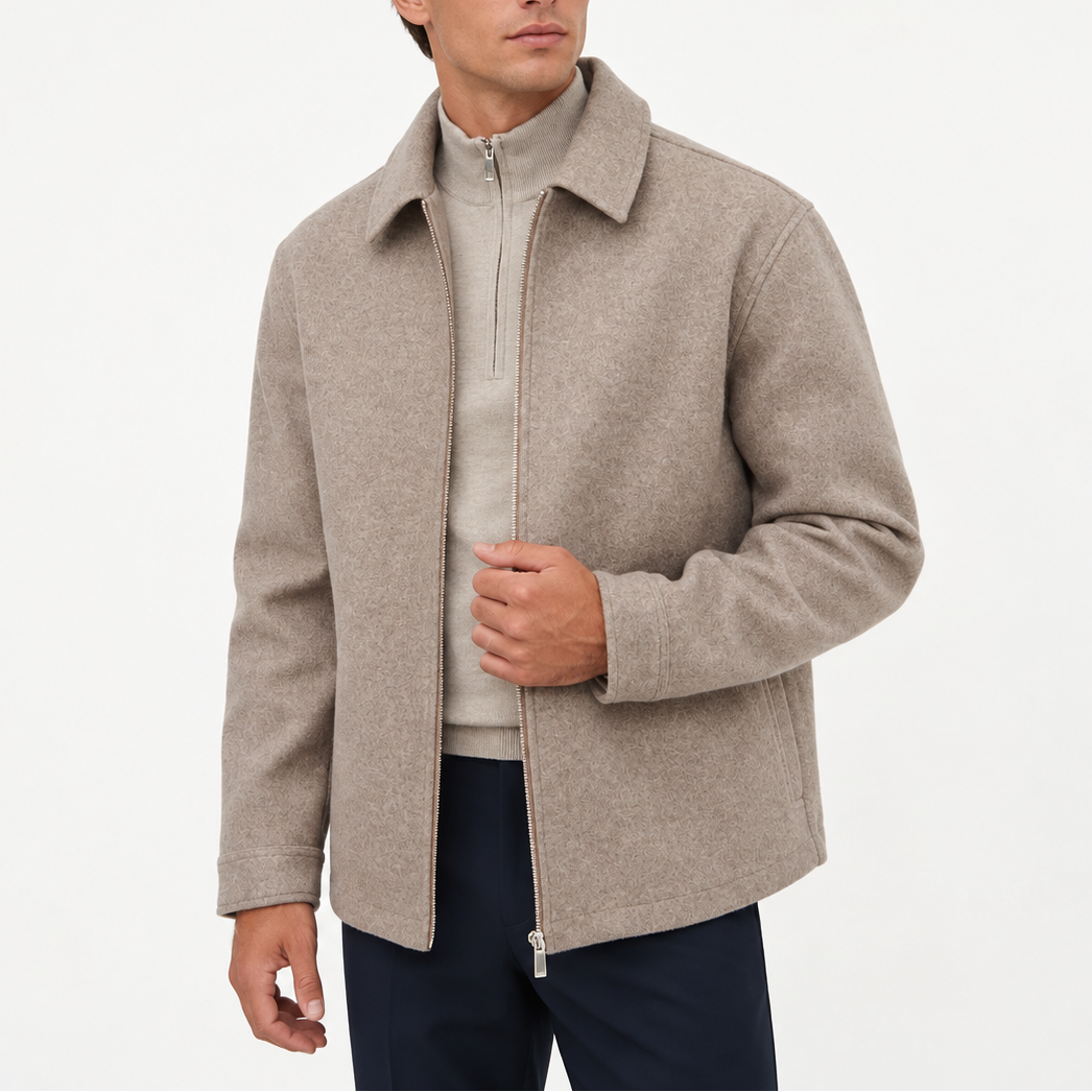 Men’s Wool Blend Zip-Up Jacket with Classic Collar