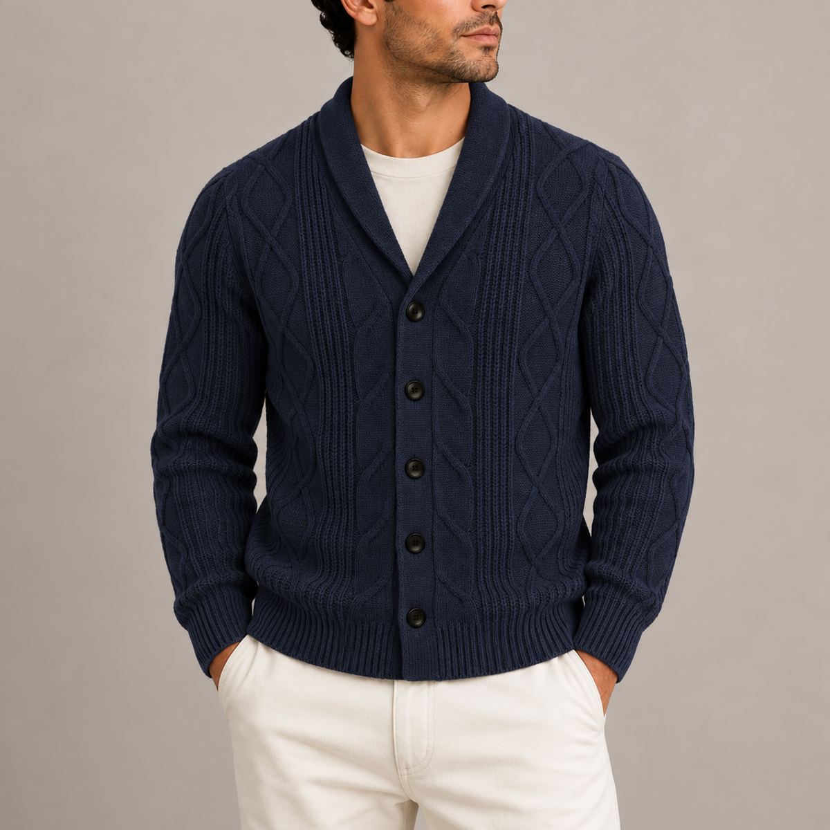 Men’s Cable Knit Cardigan with Shawl Collar and Button Front