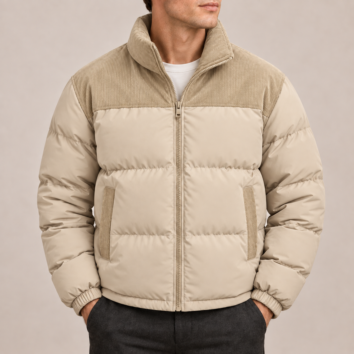 Men’s Puffer Jacket with Corduroy Collar & Panels