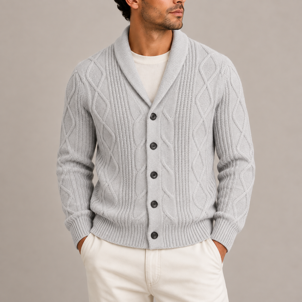 Men’s Cable Knit Cardigan with Shawl Collar and Button Front