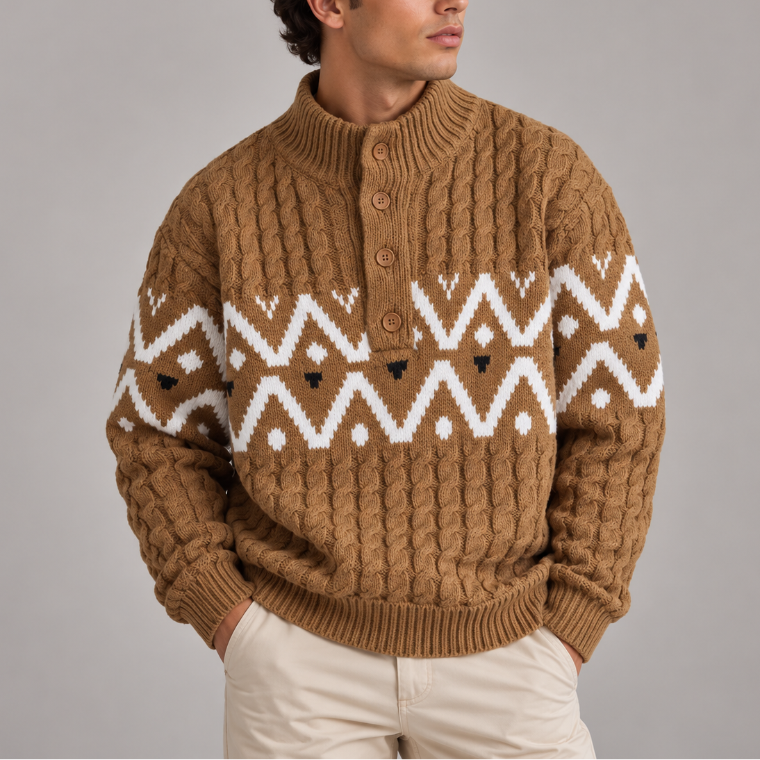 Men’s Cable Knit Half Button Sweater | Nordic Pattern Jumper