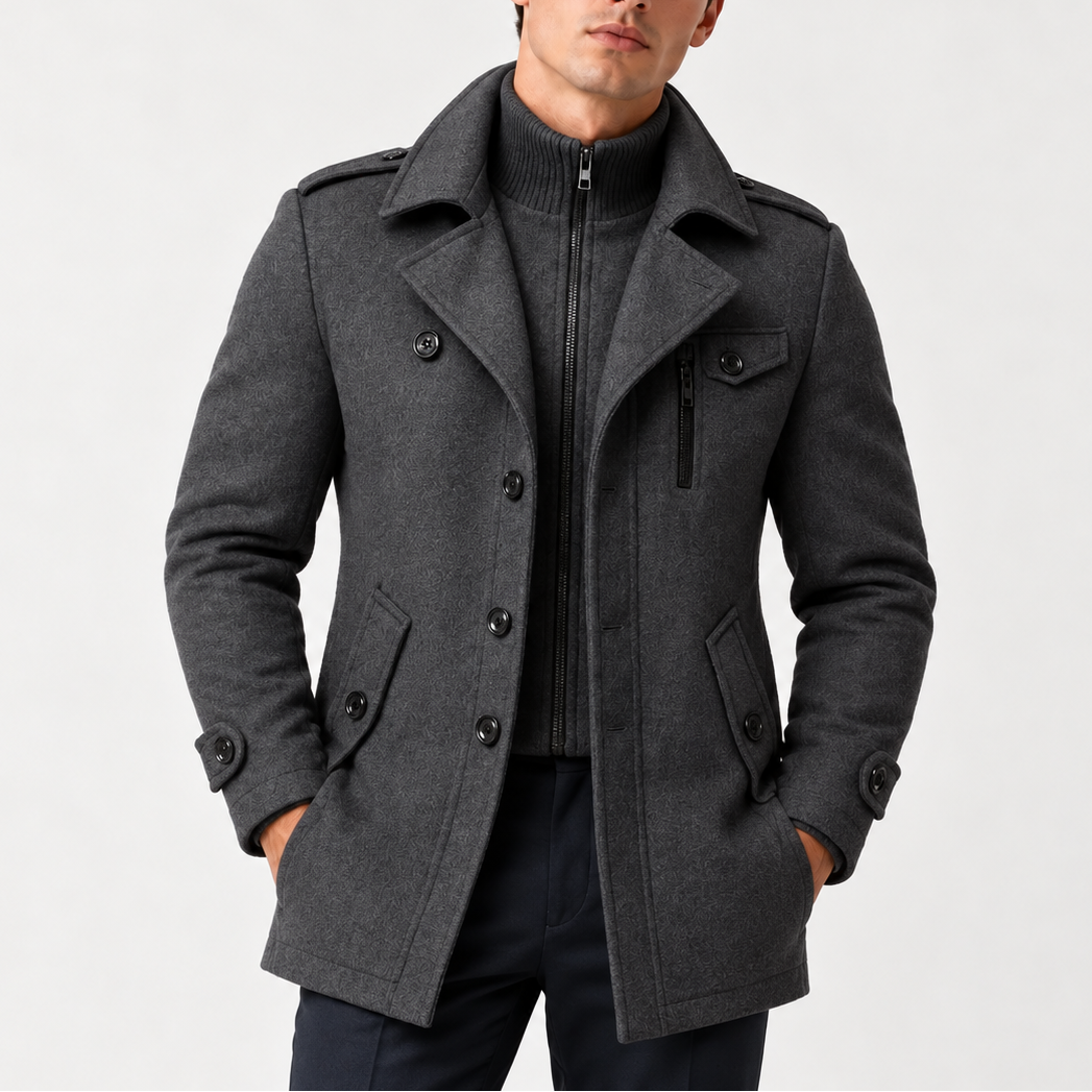 Men’s Winter Coat with High Collar, Zip and Button Fastening