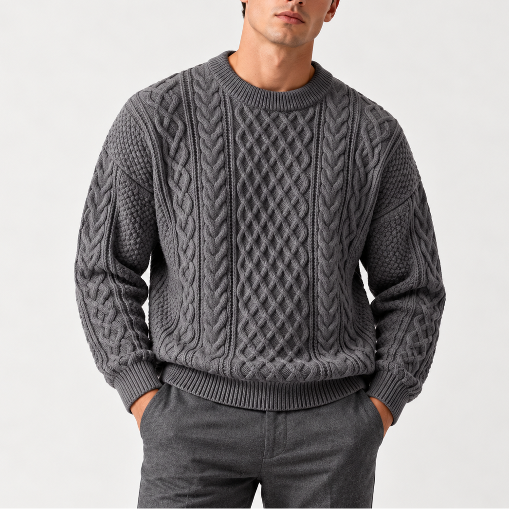 Men’s Grey Cable Knit Crew Neck Sweater – Warm Winter Jumper