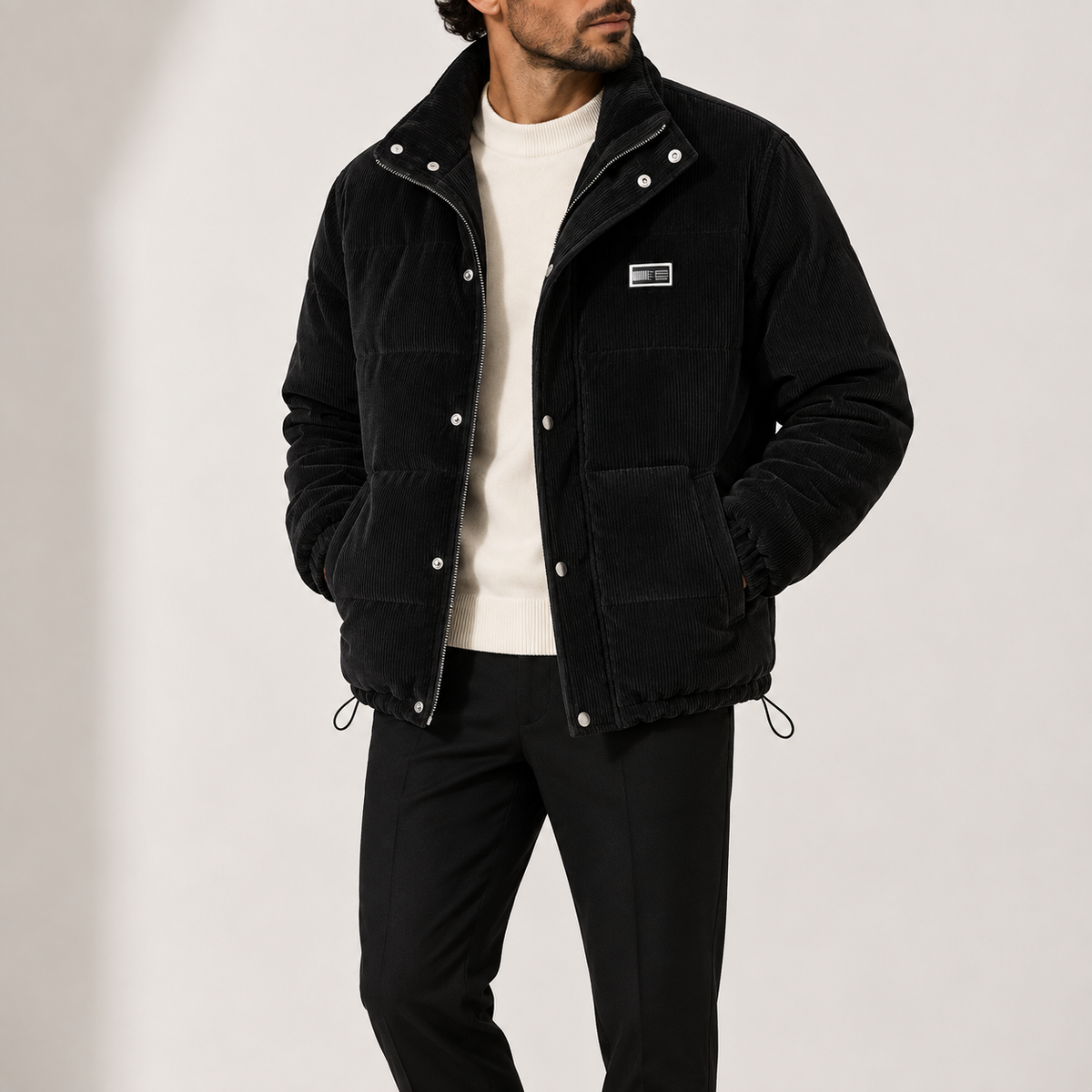 Men’s Corduroy Puffer Jacket with Stand Collar and Zip Fastening
