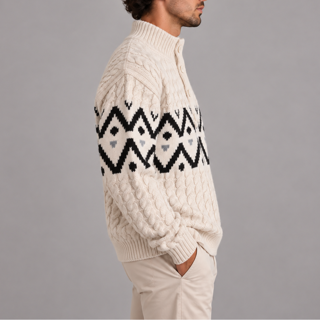 Men’s Cable Knit Half Button Sweater | Nordic Pattern Jumper