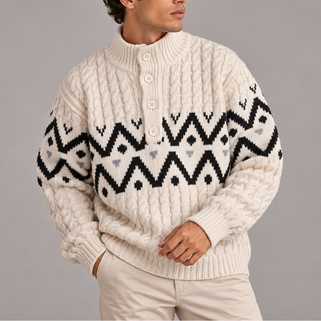 Men’s Cable Knit Half Button Sweater | Nordic Pattern Jumper