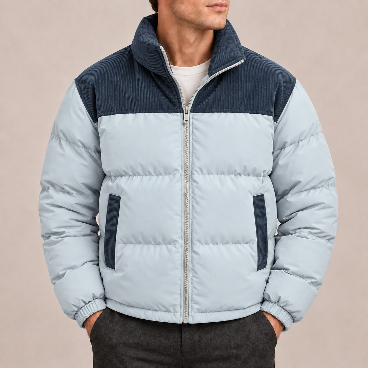 Men’s Puffer Jacket with Corduroy Collar & Panels