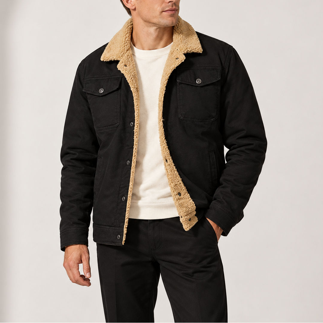 Men’s Sherpa-Lined Trucker Jacket with Fleece Collar and Chest Pockets