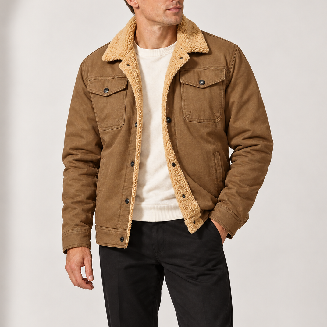 Men’s Sherpa-Lined Trucker Jacket with Fleece Collar and Chest Pockets