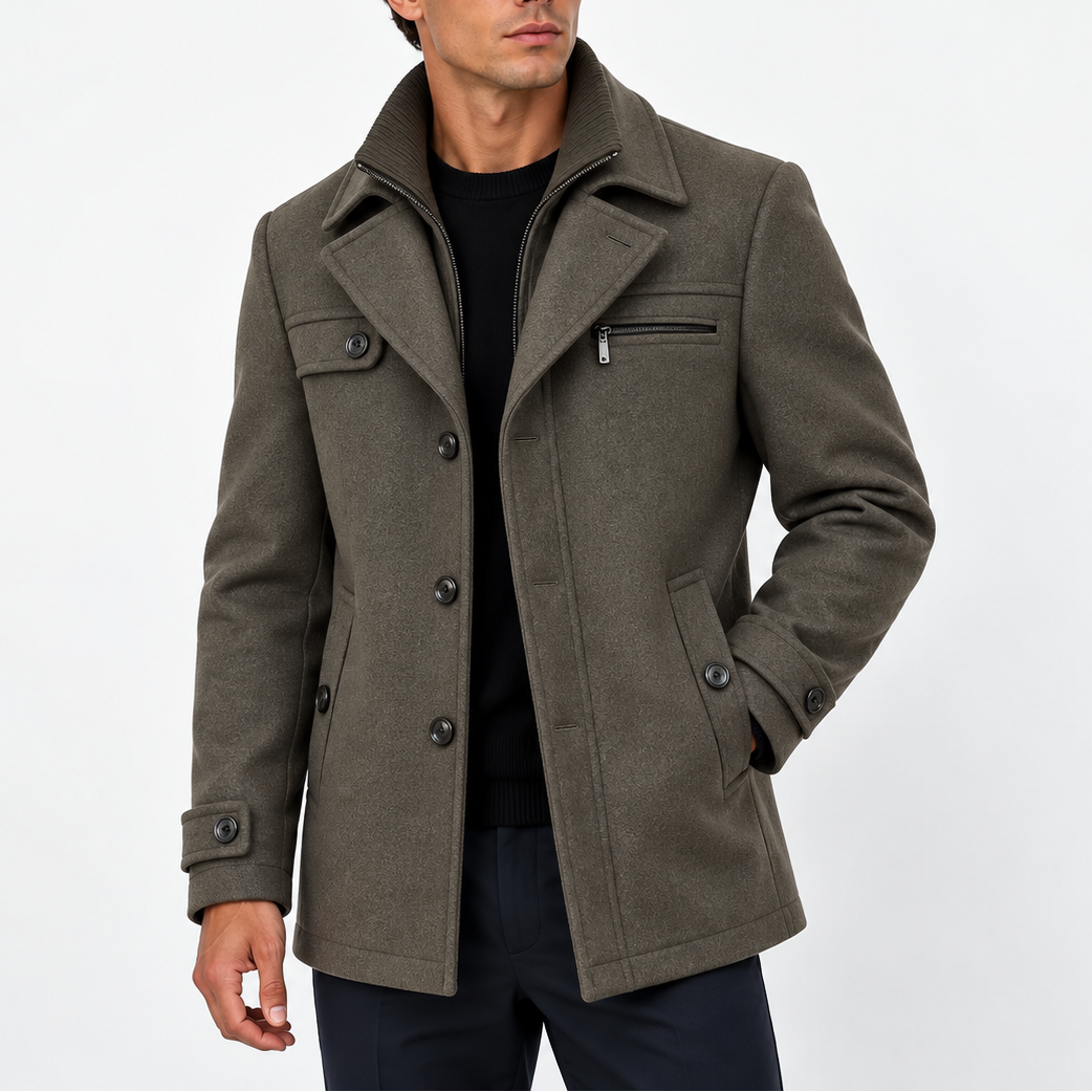 Men’s Wool Blend Coat with Zip Collar and Button Closure