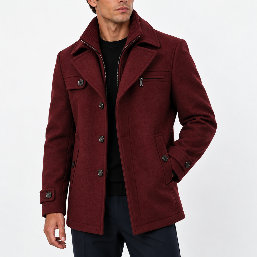Men’s Wool Blend Coat with Zip Collar and Button Closure