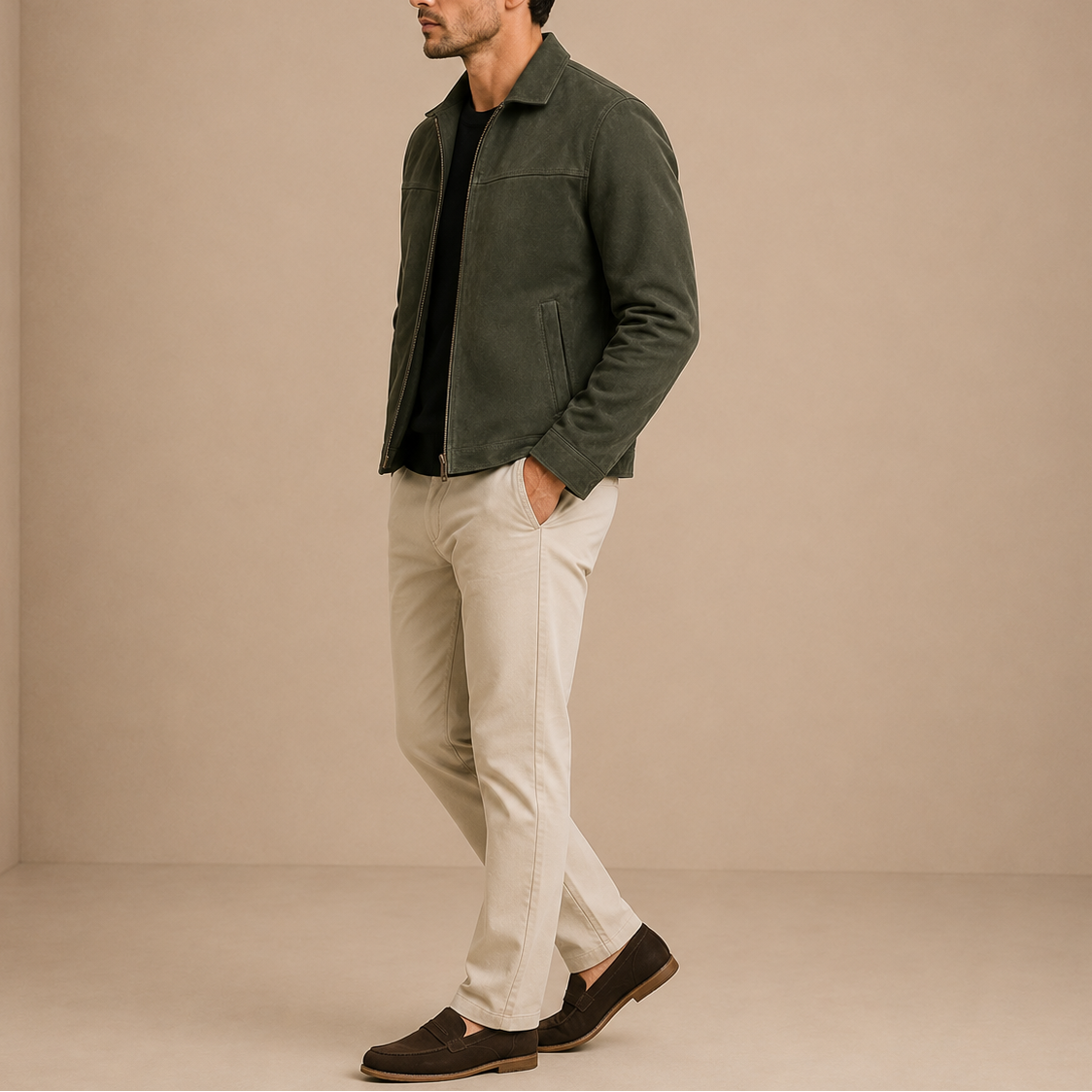 Men’s Suede Jacket – Vintage Zip-Up Casual Style