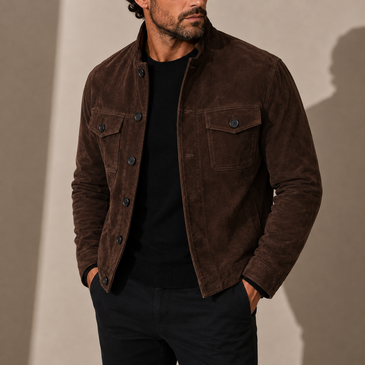 Men’s Suede Jacket – Stand Collar Button-Up Casual Style