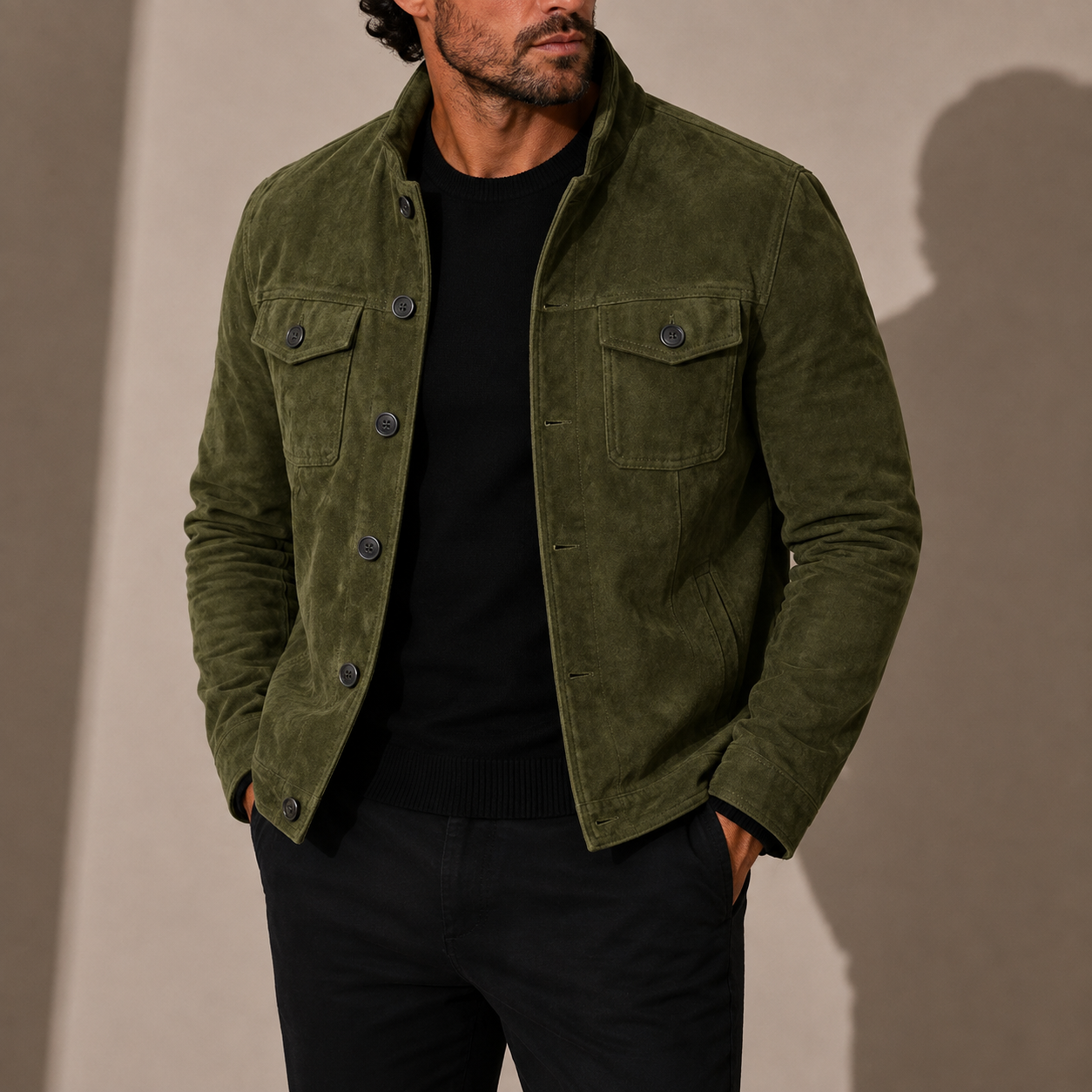 Men’s Suede Jacket – Stand Collar Button-Up Casual Style
