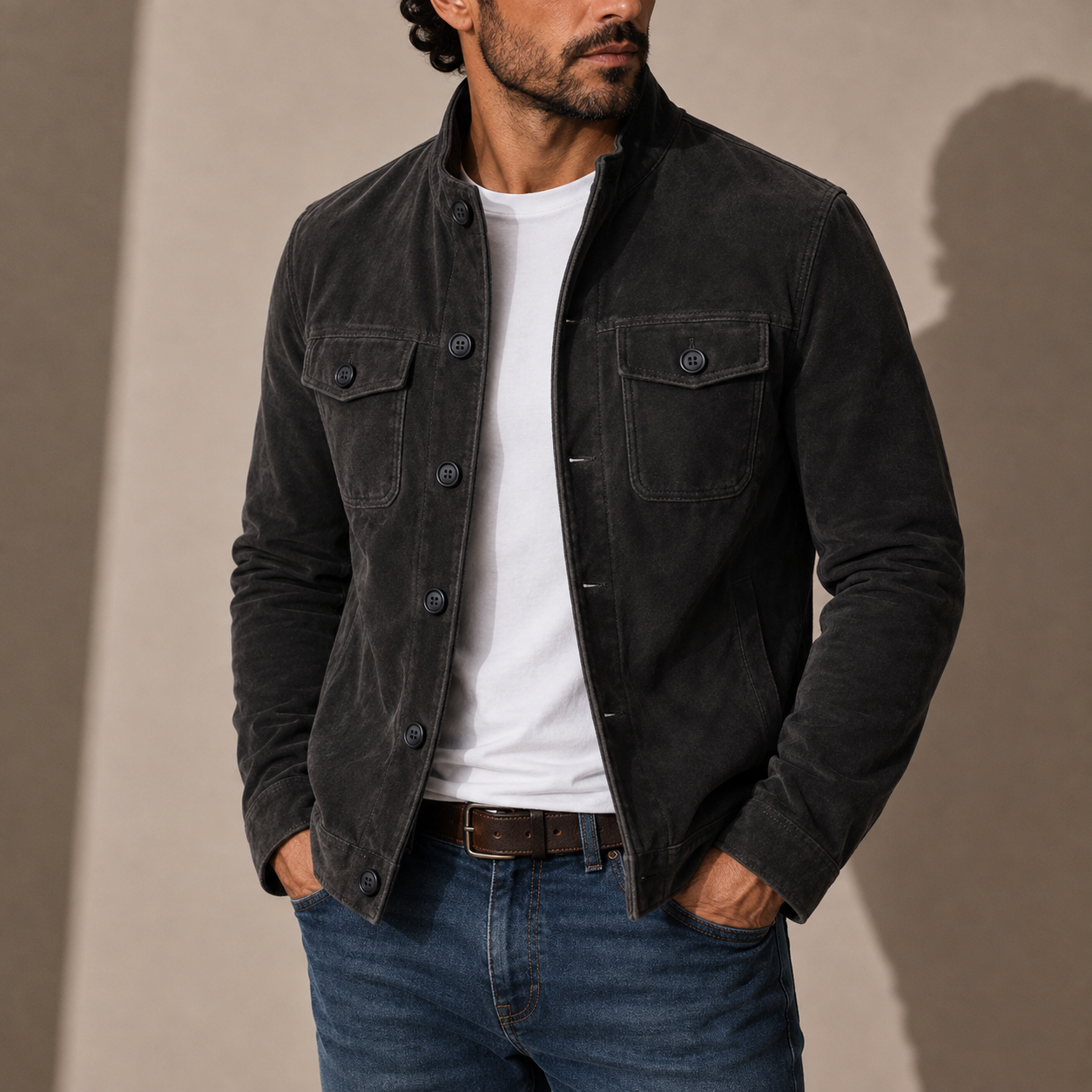 Men’s Suede Jacket – Stand Collar Button-Up Casual Style