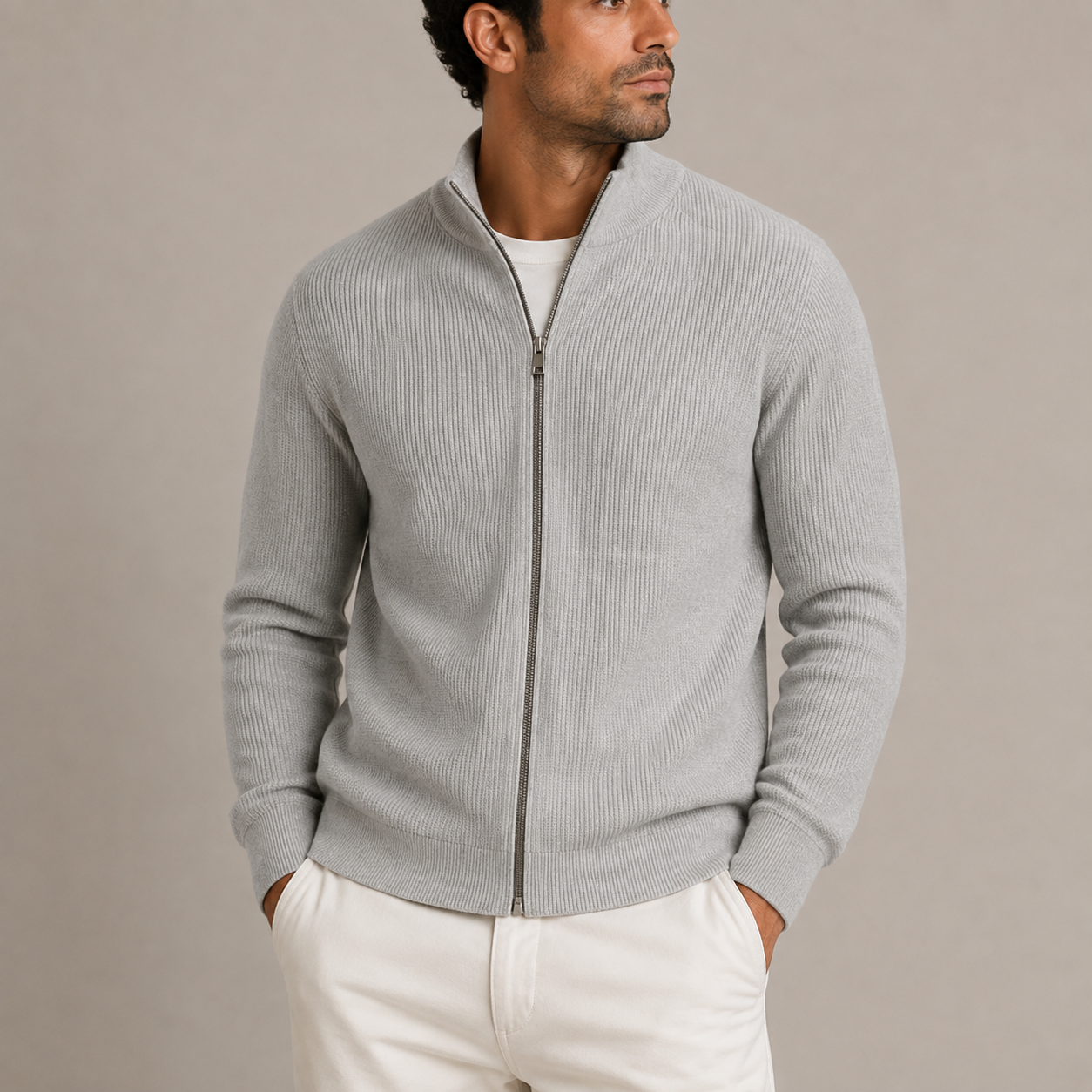 Men’s Ribbed Zip Cardigan – Full Zip Knitted Sweater with Stand Collar