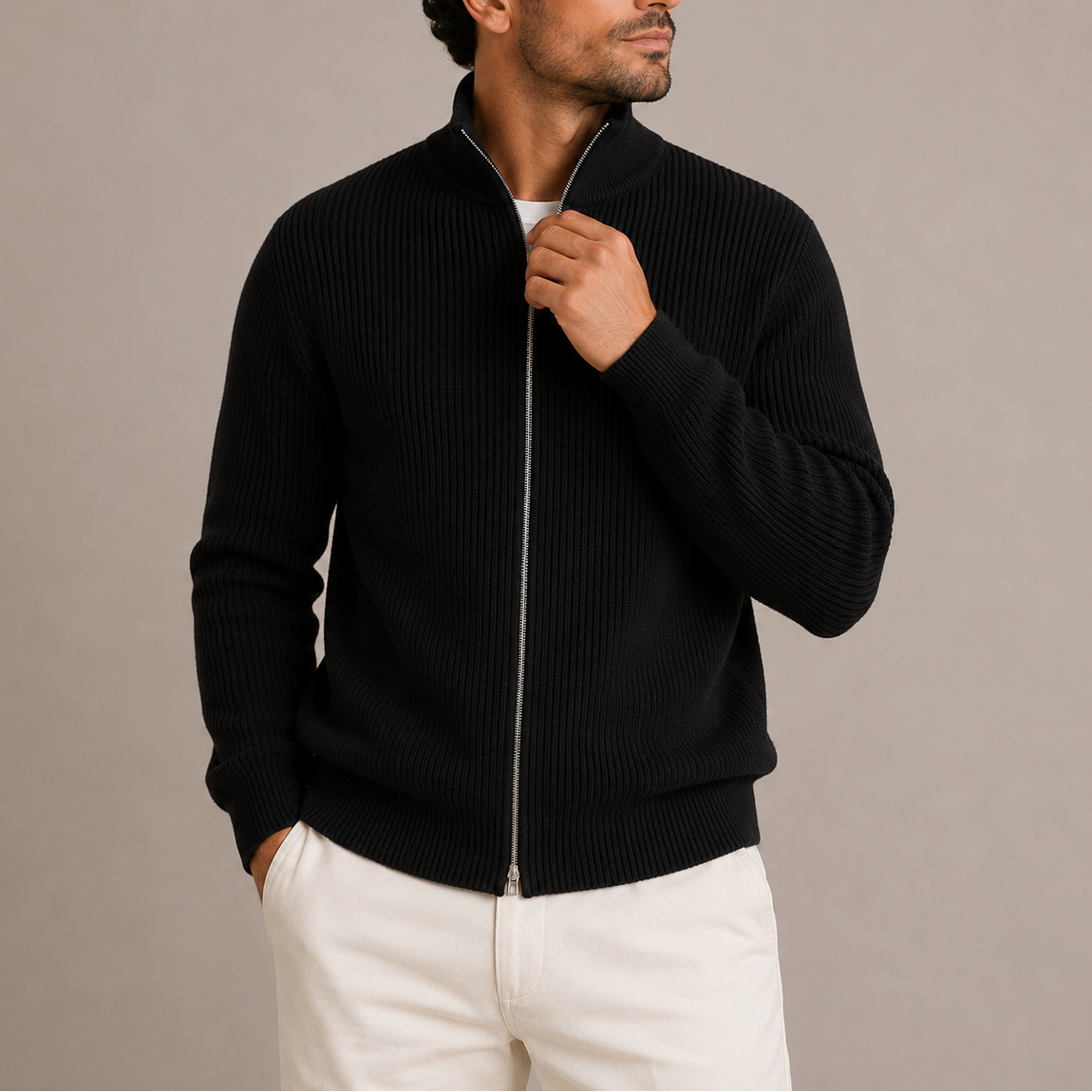 Men’s Ribbed Zip Cardigan – Full Zip Knitted Sweater with Stand Collar