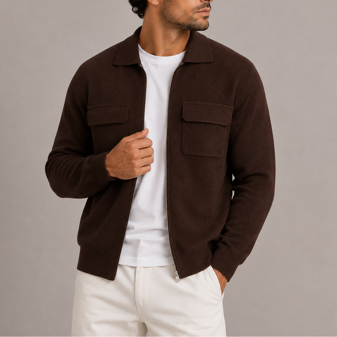 Men’s Zip-Up Knit Jacket – Collared Cardigan with Chest Pockets