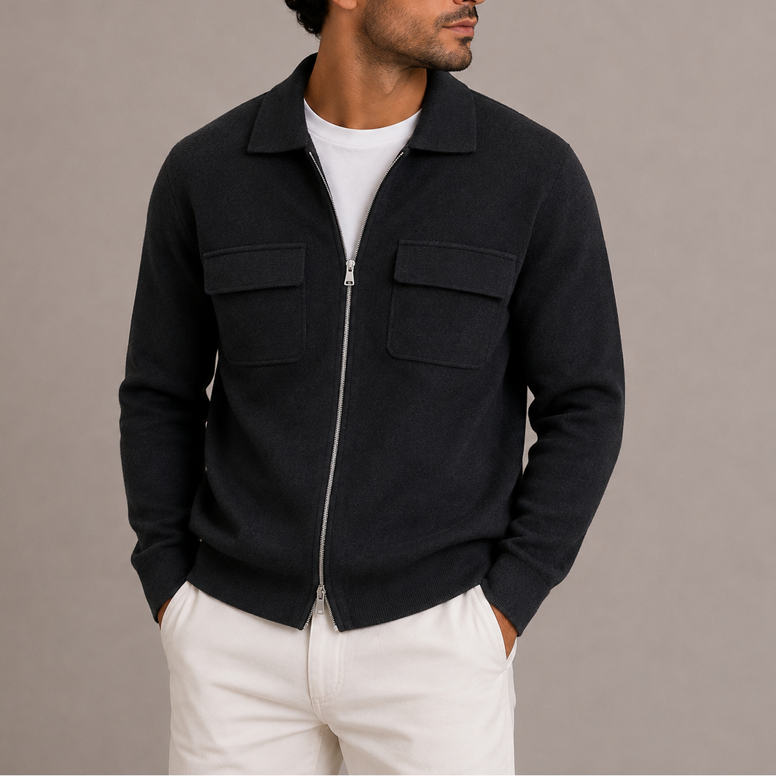 Men’s Zip-Up Knit Jacket – Collared Cardigan with Chest Pockets