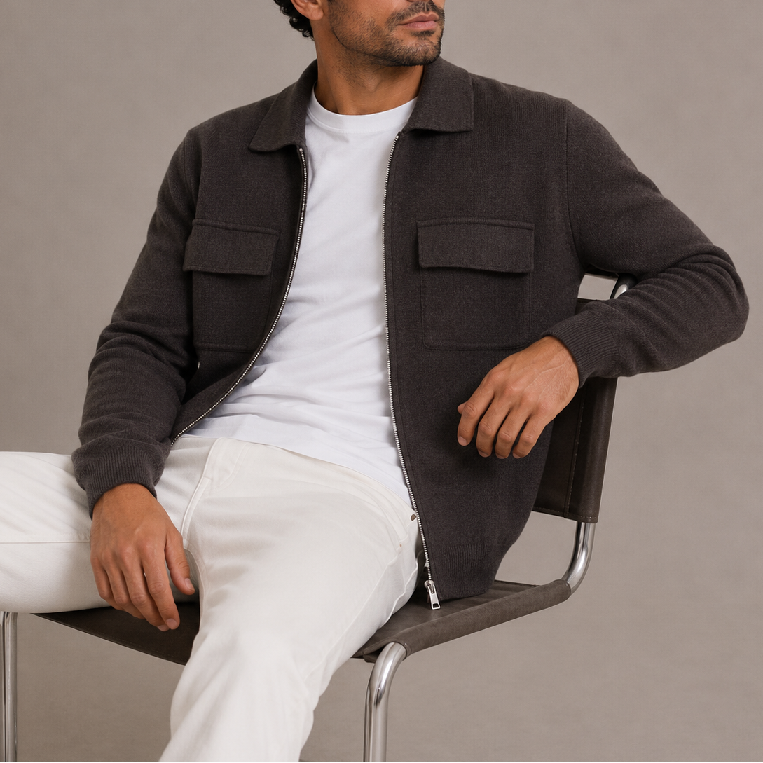 Men’s Zip-Up Knit Jacket – Collared Cardigan with Chest Pockets