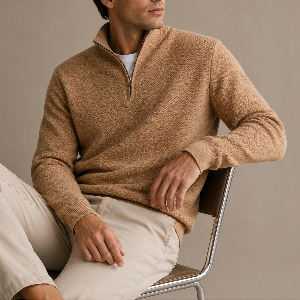 Men’s Quarter Zip Sweater – Textured Knit Pullover with Stand Collar