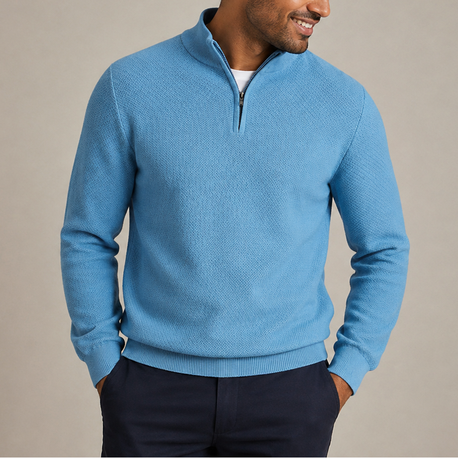 Men’s Quarter Zip Sweater – Textured Knit Pullover with Stand Collar