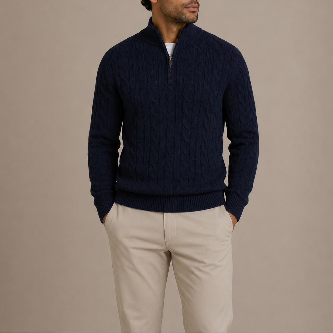 Men’s Cable Knit Quarter Zip Sweater – Stand Collar Pullover