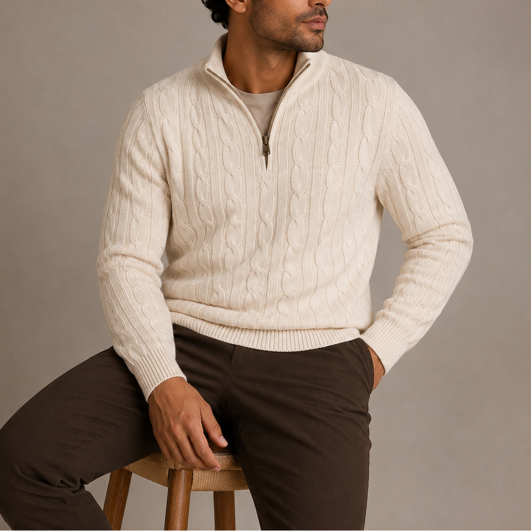 Men’s Cable Knit Quarter Zip Sweater – Stand Collar Pullover