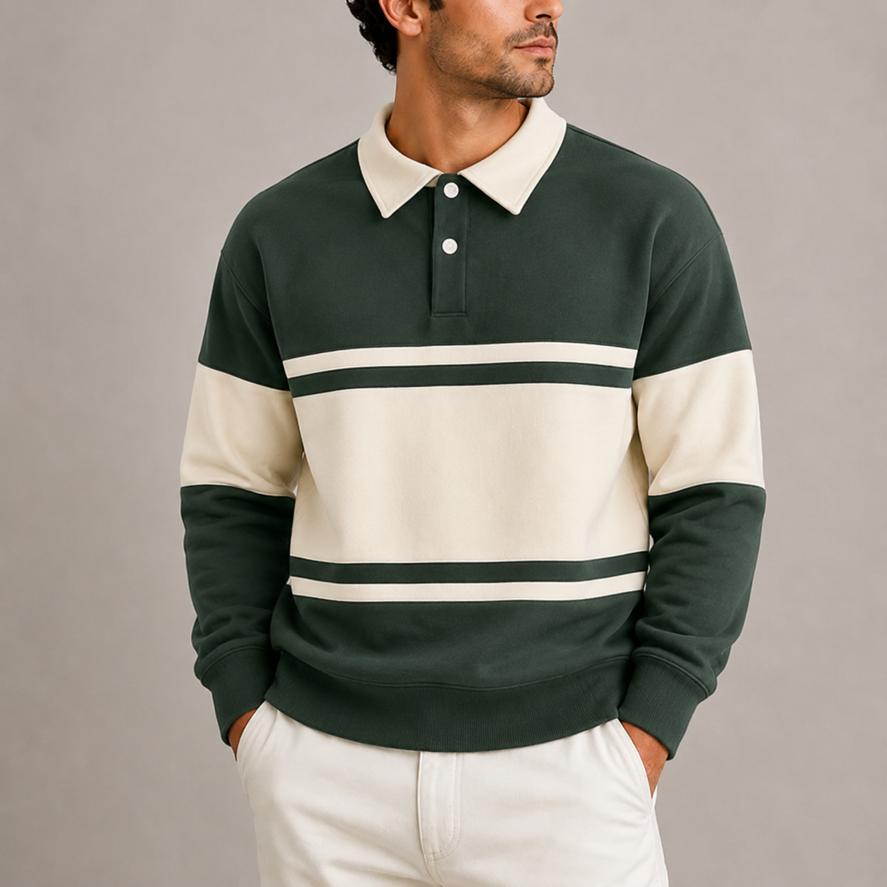 Men’s Retro Colour Block Polo Sweatshirt – Long Sleeve