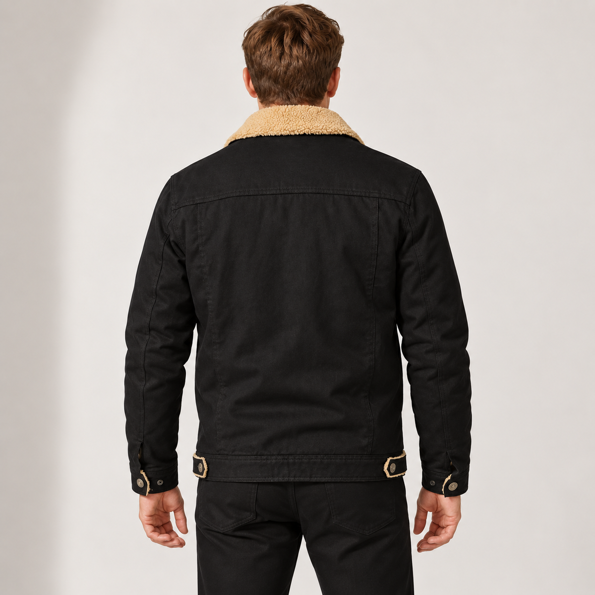 Men’s Sherpa-Lined Trucker Jacket with Fleece Collar and Chest Pockets