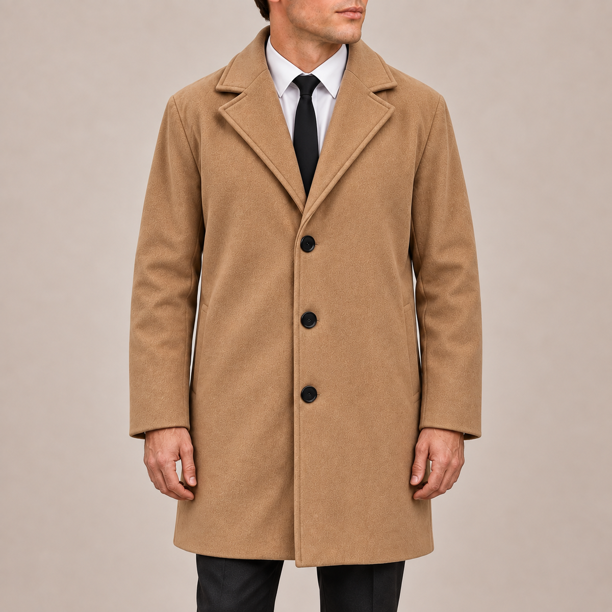 Men’s Single-Breasted Overcoat with Notched Lapels and Three Buttons
