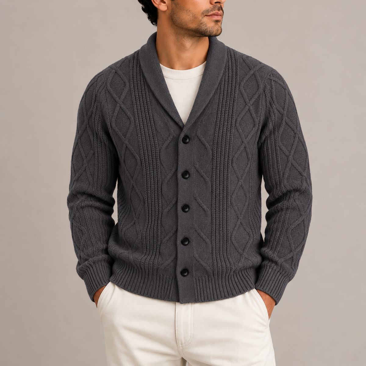 Men’s Cable Knit Cardigan with Shawl Collar and Button Front