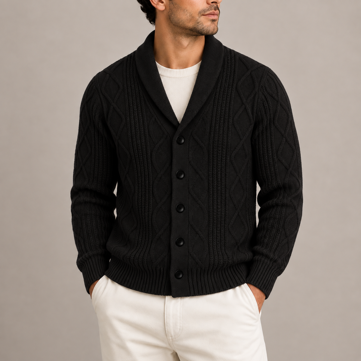Men’s Cable Knit Cardigan with Shawl Collar and Button Front