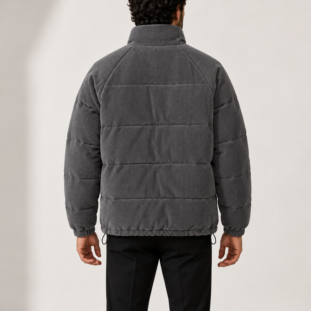 Men’s Corduroy Puffer Jacket with Stand Collar and Zip Fastening